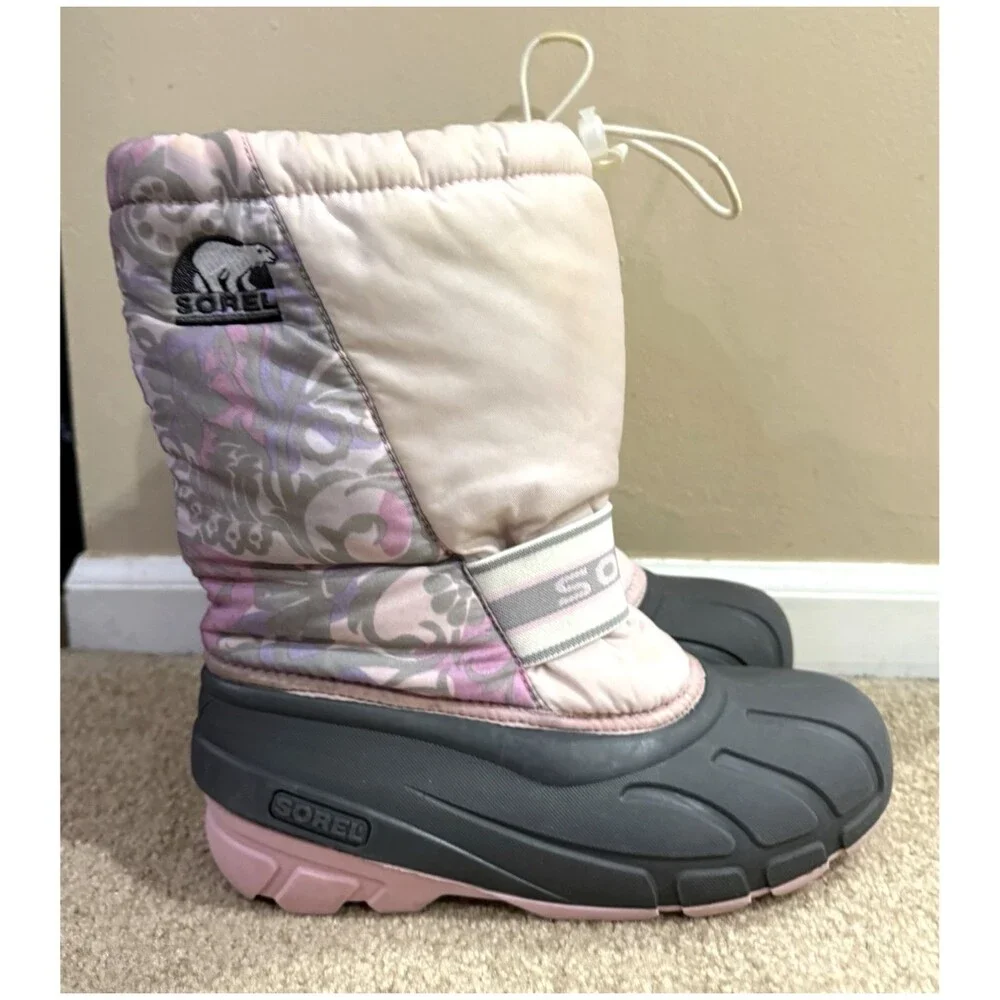 Sorel Girls 6Y Snow Boots Pink Floral Waterproof Winter Rubber Insulated Boot